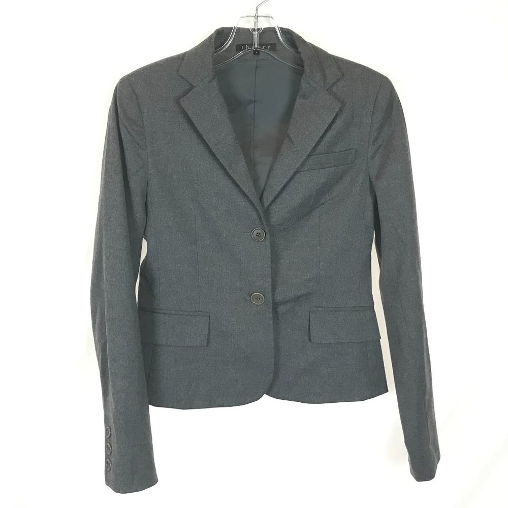 Womens Size 4 Theory Gray Wool Blend Flannel Two-Button Blazer